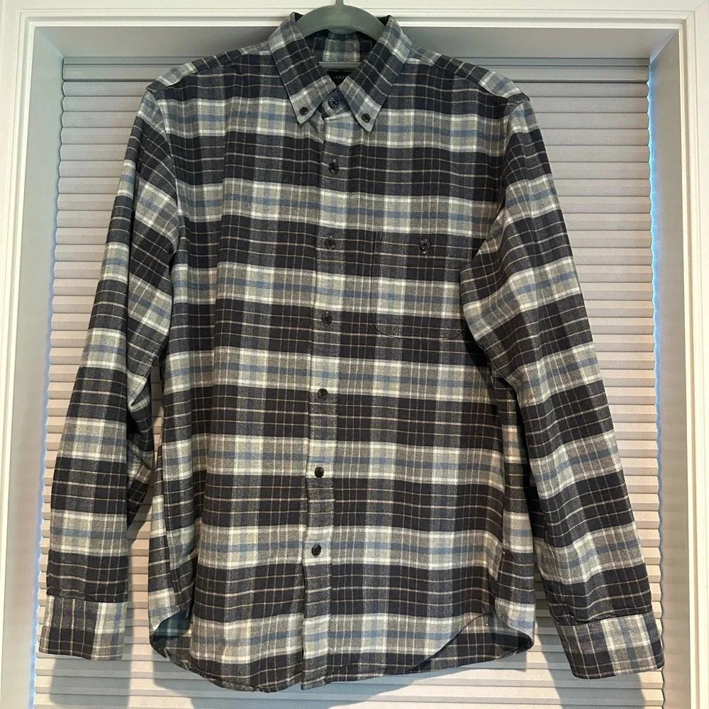 J.Crew blue/grey plaid flannel button down with suede elbow pads